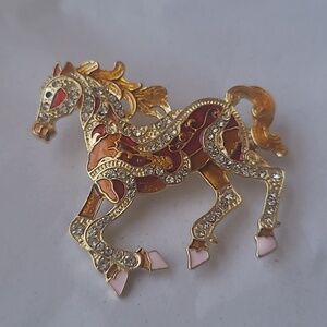 Gold Tone Horse Brooch with Brown and Red Enamel and Clear Crystals